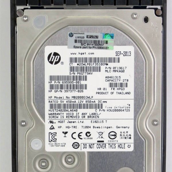 MB2000GDMTE HPE 2TB 7.2K RPM SATA-6GBPS 3.5inch SC LFF Midline Hard Drive With Tray For ML350 DL380 DL360 GEN8 Servers Only. Refurbished